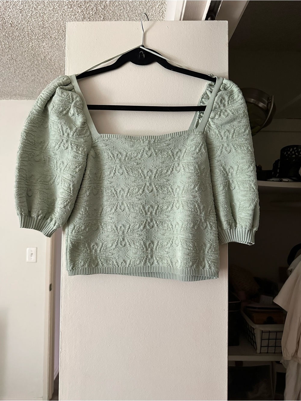 Zara Sage Green Puff-Sleeve Square Neck Knit Top